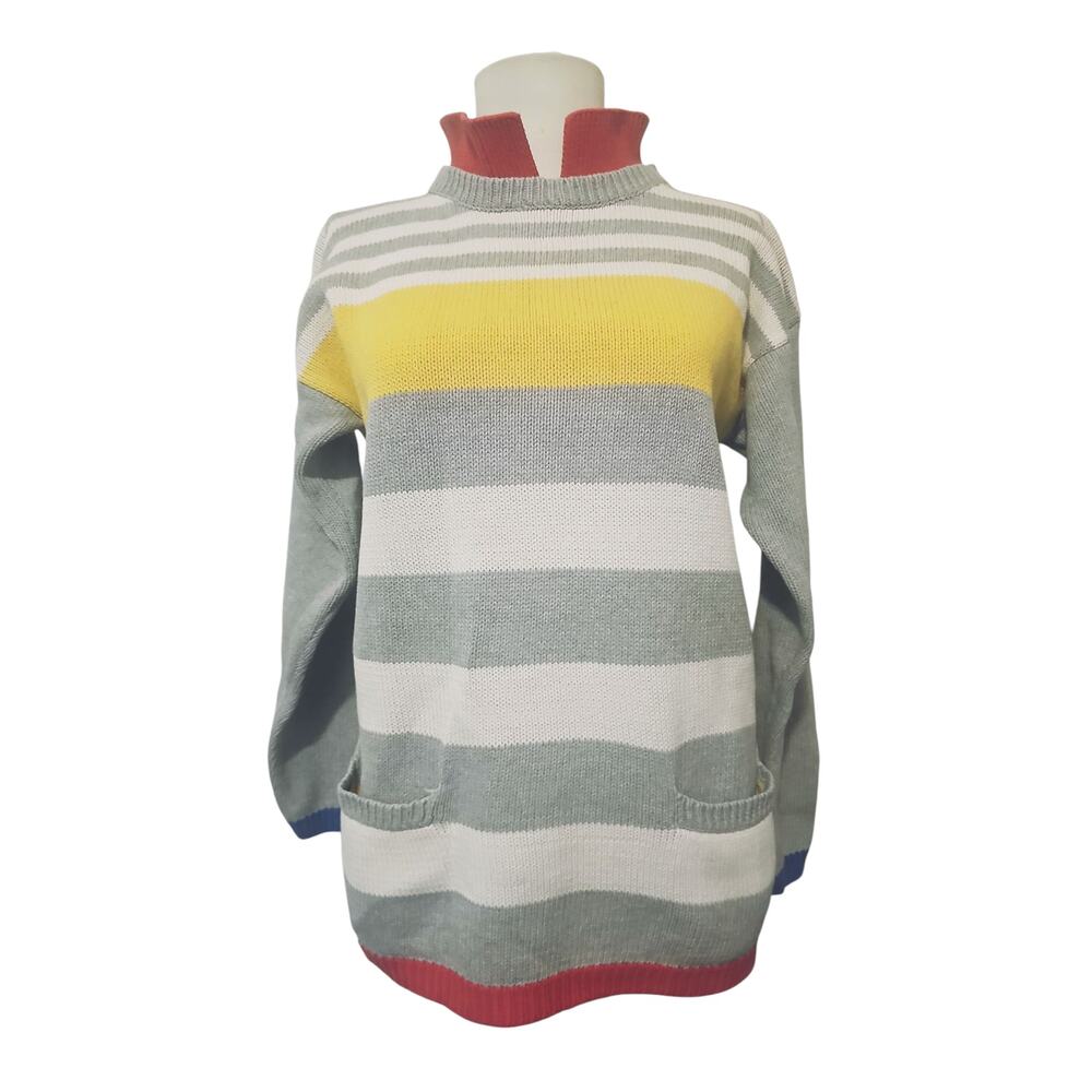 Adrienne Vittadini Collar Stripe Knit Sweater Womens Medium VTG 90s Preppy Sport